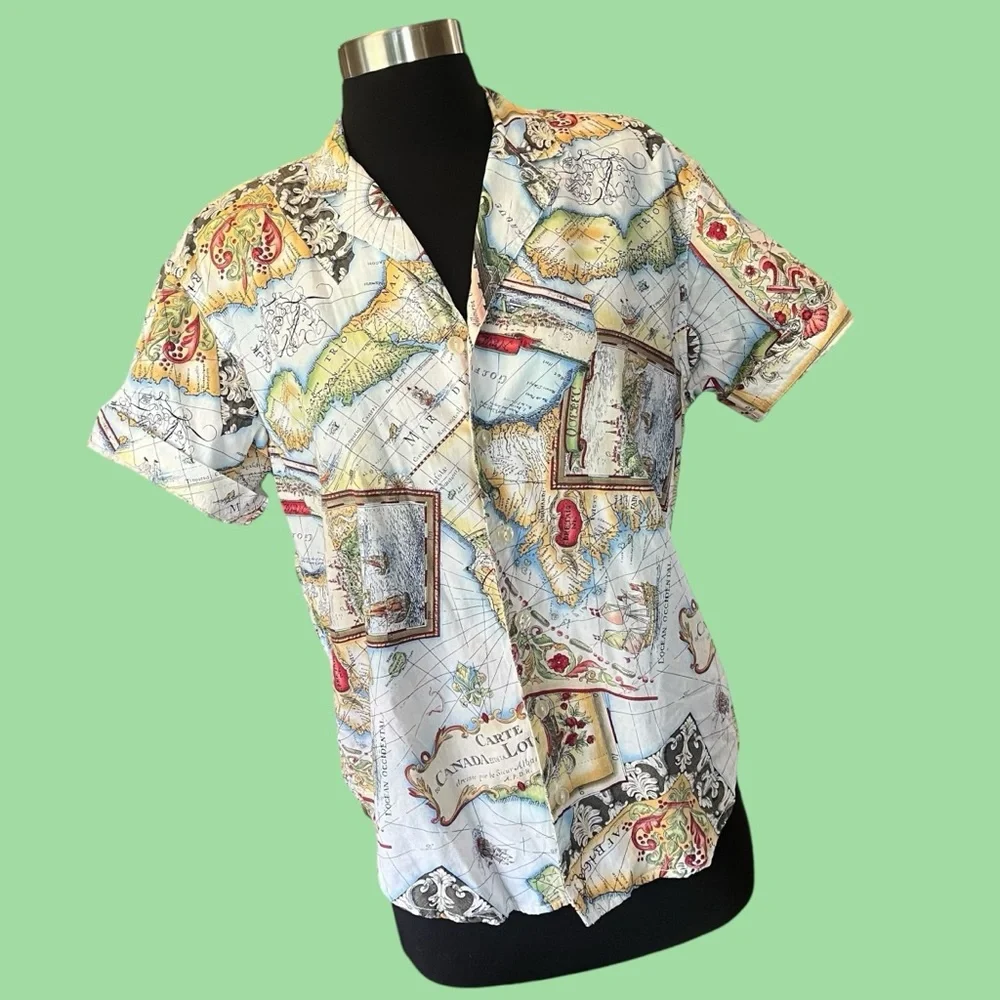 Vintage map print button up shirt short sleeve SP - Picture 1 of 13